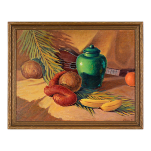 Tropical Still Life With Green Pot and Ukulele in Oil on Wood Panel by N. Weber