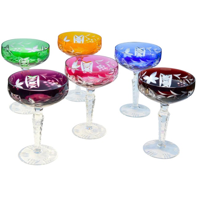 Mid 20th Century Handblown Colorful Cut-to-Clear Crystal Coupes- S/6 For Sale - Image 4 of 6