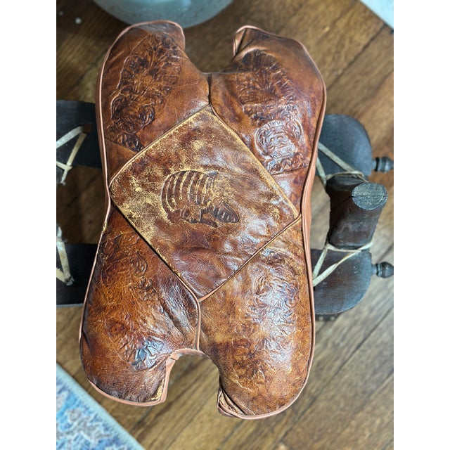 Mid-Century Egyptian Tooled Leather & Hardwood Camel Saddle Footstool For Sale In Boston - Image 6 of 9