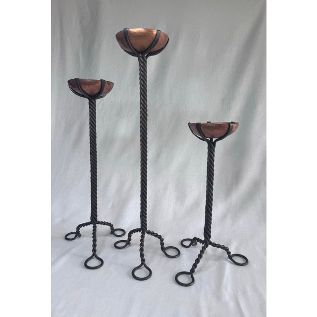 Spanish Revival Vintage Brutalist Copper Cup Twisted Iron Metal Candlesticks, Set of Three For Sale - Image 3 of 11