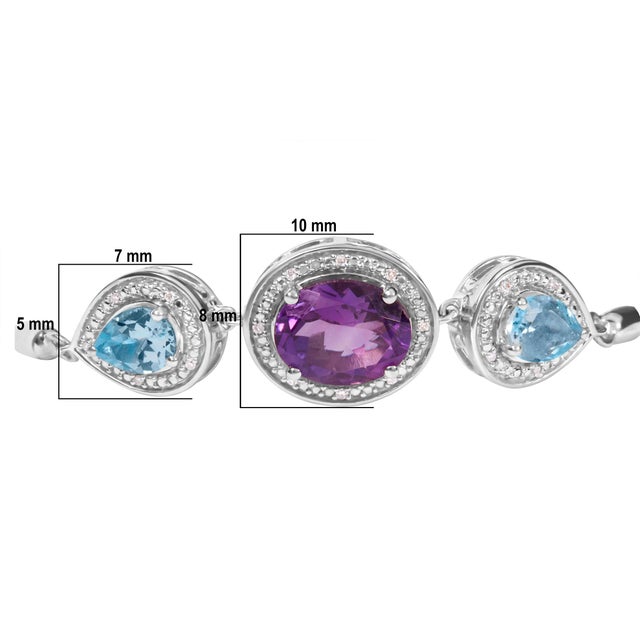 .925 Sterling Silver Oval Amethyst and Pear Blue Topaz with Diamond Accent Lariat 4”-10” Adjustable Bolo Bracelet (H-I Color, SI1-SI2 Clarity) For Sale In New York - Image 6 of 6