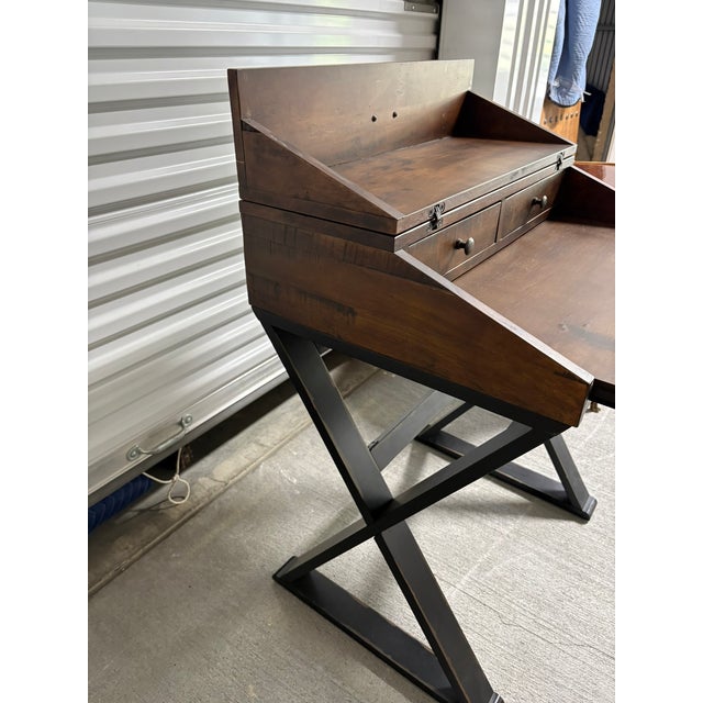 Writing Desk or Secretary Style Desk, 21st Century. It features two small drawers for storage, hinged top compartment for...