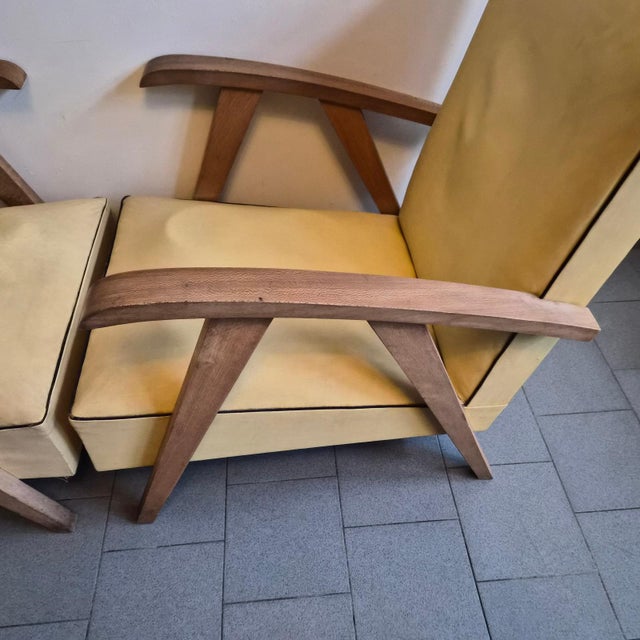 Vintage Beech and Yellow Skai Armchairs with Compass Legs, 1950s, Set of 2 For Sale - Image 4 of 11