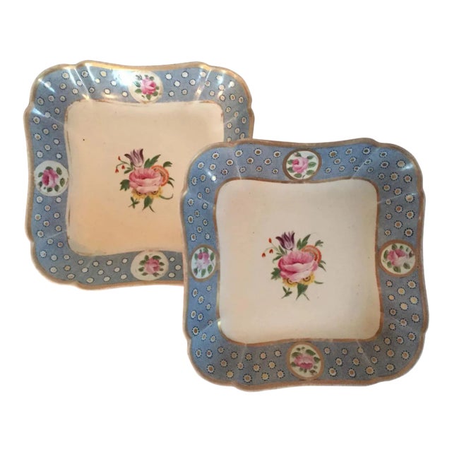 Early 19th Century English Coalport Porcelain Square Dessert Dish Plates Baby Blue with Pink Roses 1810 - A Pair For Sale