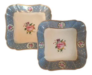 Early 19th Century English Coalport Porcelain Square Dessert Dish Plates Baby Blue with Pink Roses 1810 - A Pair