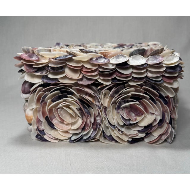Off-white Vintage Coastal Rosette Encrusted Shell Lidded Decorative Organization Accessory Box For Sale - Image 8 of 12