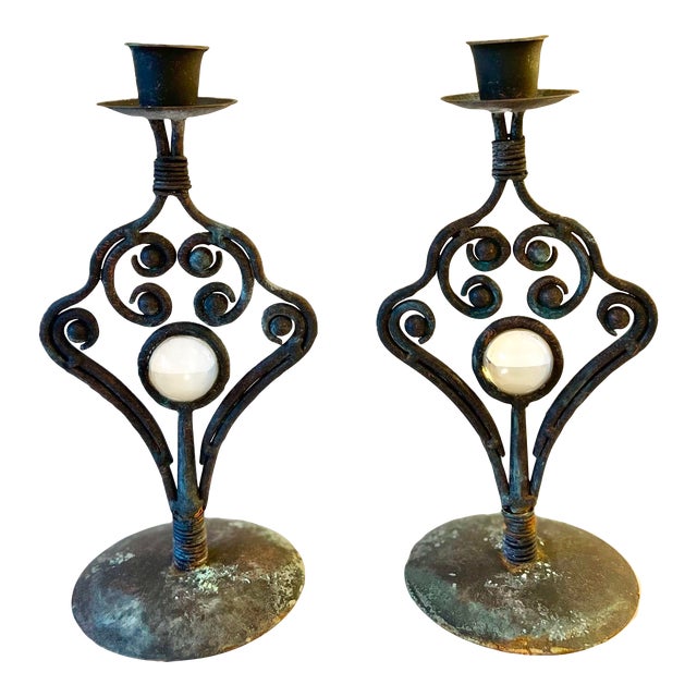 Vintage Metal & Glass Taper Candle Holders - a Pair For Sale
