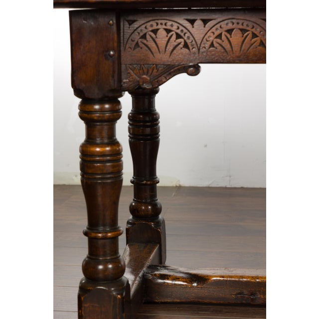 19th Century English Oak Table with Carved Apron and Turned Legs For Sale - Image 4 of 12