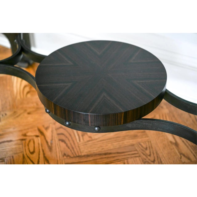 Industrial Trestle Console Table With Macassar Ebony Top and Antique Lathe Base For Sale - Image 4 of 11