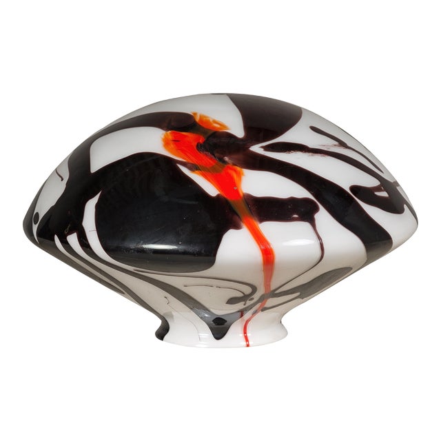 Midcentury Blown Glass Dome with White, Black and Orange Abstract Décor For Sale