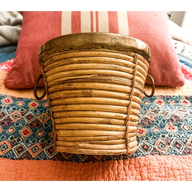 Brass Vintage Mid Century Italian Pencil Reed Bamboo Rattan Log Basket With Brass Trim and Handles. For Sale - Image 8 of 8