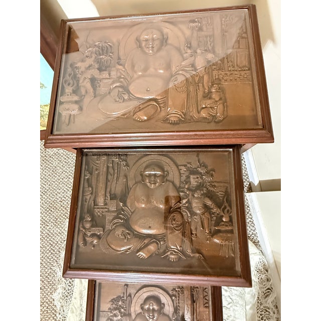1950s George Zee & Co. Carved Wood Nesting Tables Set With Glass Tops Buddha For Sale - Image 11 of 12