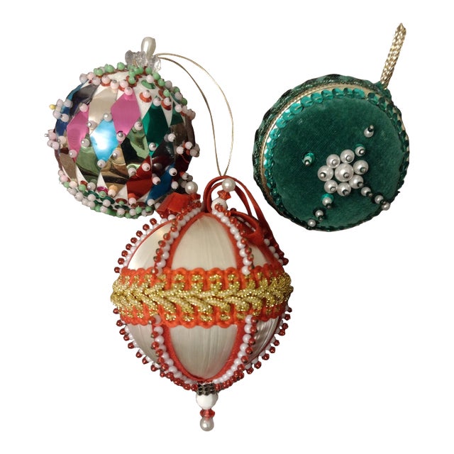 1960s Mid Century Beaded Fancy Christmas Ornaments, Varied Colors- Set of 3 For Sale