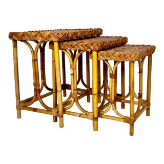 Vintage Wicker Rattan Nesting Side Tables- Set of 3 For Sale