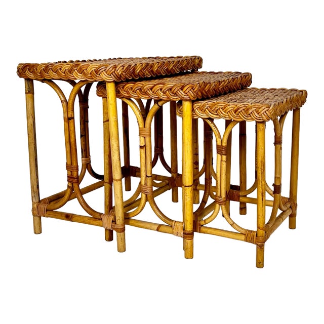 Vintage Wicker Rattan Nesting Side Tables- Set of 3 For Sale