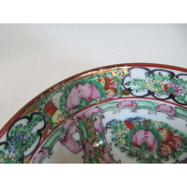 Japanese Vintage Japanese Pink Flower & Green Bowl With Orange Accents For Sale - Image 3 of 9