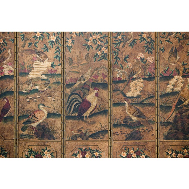 Six-Panel Leather Screen with Birds, Flowers, and Roosters - Vintage For Sale - Image 4 of 12