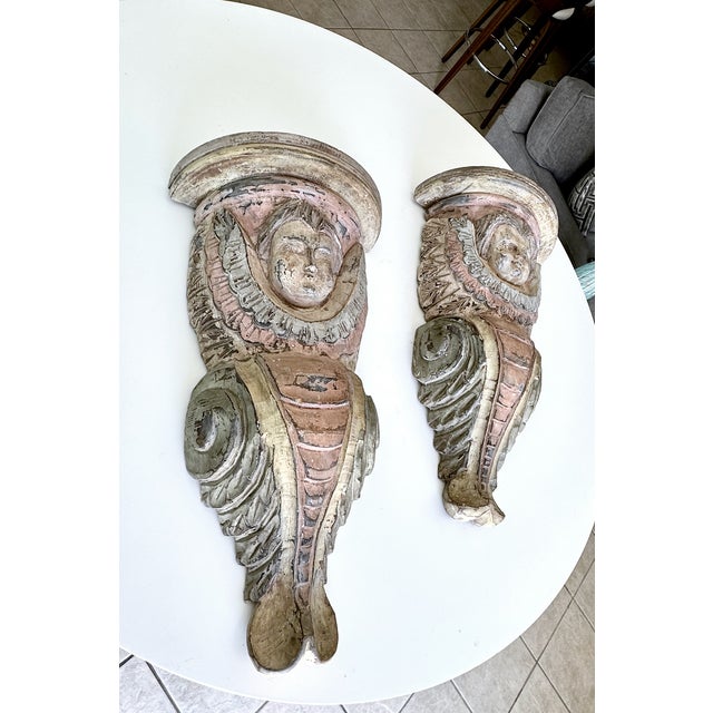 1960s Pair Spanish Colonial Wood Polychrome Cherub Corbel Wall Brackets For Sale - Image 5 of 17