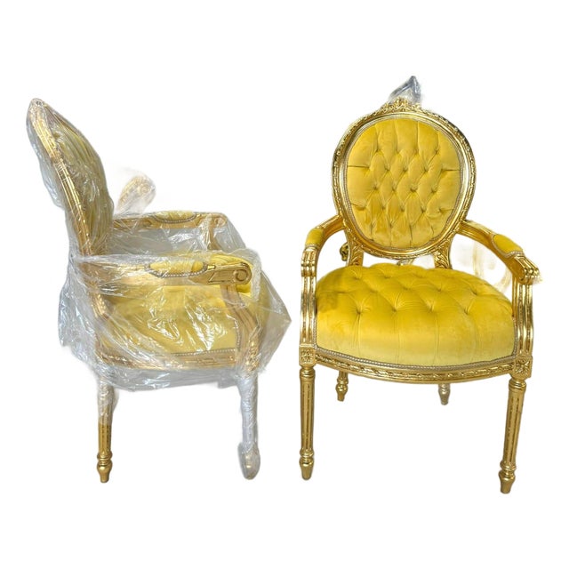 Baroque Golden Yellow Velvet Chair Set With Exquisite Gold Leaf Details For Sale
