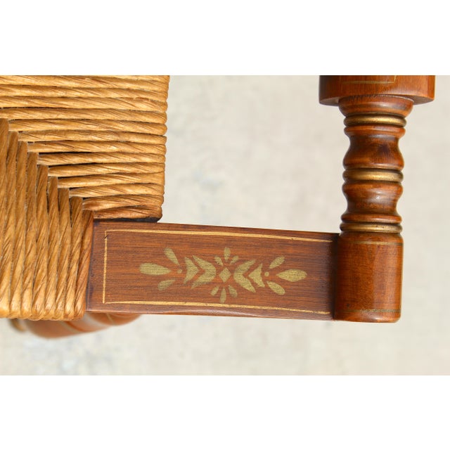 Vintage Hitchcock-Style Maple Bench With Woven Rush Seat & Gold Stenciling For Sale - Image 14 of 18