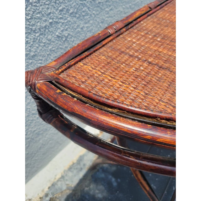 Wood Vintage Wicker Bamboo Folding Demi Lune Half Moon Hall Table For Sale - Image 7 of 8