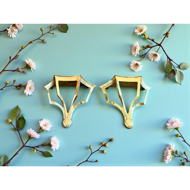 Late 20th Century Late 20th Century Pair Brass Wall Shelves-Art Deco-Hollywood Regency-Vintage Display-Classic-Metal For Sale - Image 5 of 9