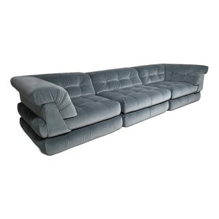 Mah Jong Sofa in Iced Blue Cotton Velvet by Roche Bobois, France, 1970s, Set of 9 For Sale