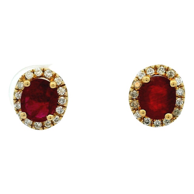 14k Yellow Gold Ruby & Diamond Halo Stud Earrings, A Pair For Sale
