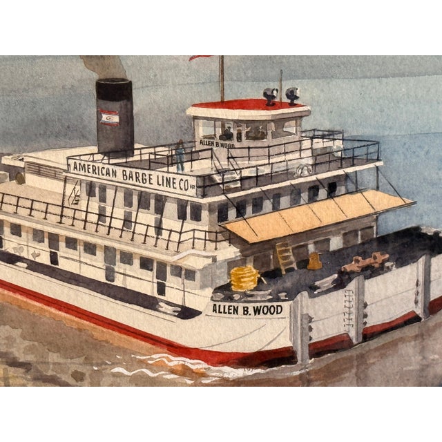 Robert Wathen Watercolor and Gouache Painting of Steam Boat "Allen B. Wood" American Barge Line Co. For Sale In Providence - Image 6 of 9