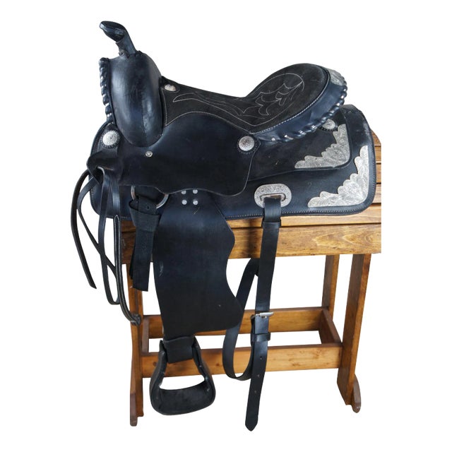 Vintage American Western Black & Silver Tooled Leather Embossed Horse Saddle For Sale