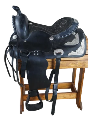 Vintage American Western Black & Silver Tooled Leather Embossed Horse Saddle