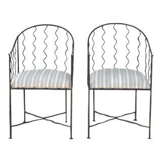 1940s Vintage French Wrought Iron Wavy Scalloped Arm Chairs - a Pair For Sale
