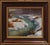 The painting depicts a serene landscape featuring a gently winding creek surrounded by soft, golden grasses and muted...