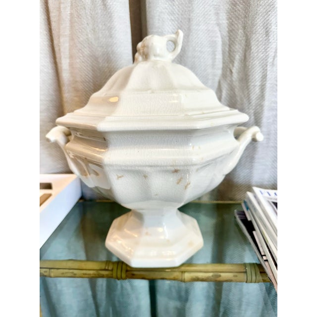 Exquisite design European antique white porcelain handled soup tureen. Marked on underside.