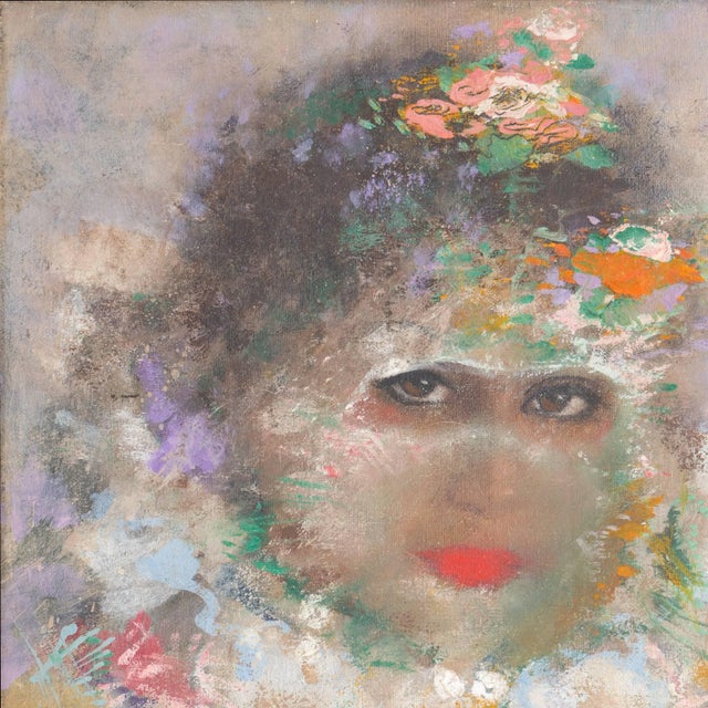 An elegant oil portrait of a young Arab woman shown wearing a veil and gazing with candor and interest directly towards...