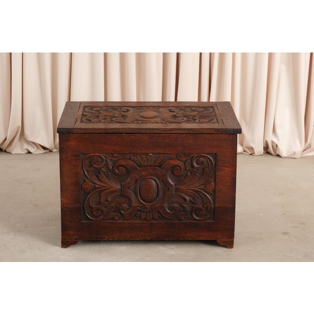 Vintage Jacobean Style Carved Oak Chest For Sale - Image 13 of 16