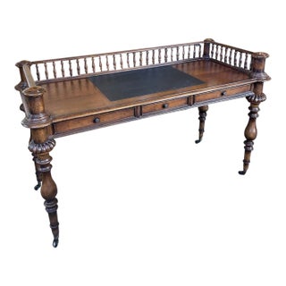 Vintage Renaissance Revival Style 3 Drawer Gallery Edge Writing Table For Sale