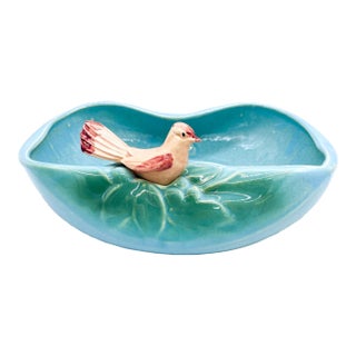 1940's McCoy "Bird Bath" Turquoise Blue Bowl/ Planter With Cardinal For Sale