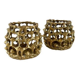 1970s Brutalist Brass Votive Candelholders, a Pair For Sale