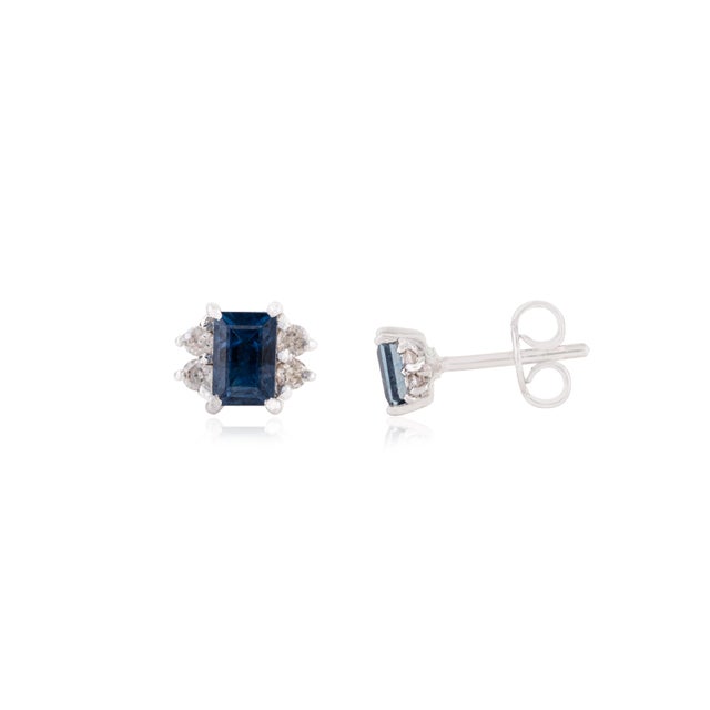 Contemporary Art Deco Style Emerald Cut Sapphire & Diamond Stud Earrings in 14k White Gold- A Pair For Sale - Image 3 of 11
