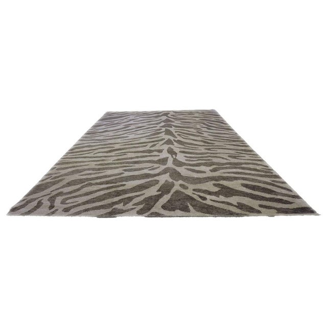 Nepalese Modern Wool & Silk 10X14 Gray & Brown Zebra Print Handmade Area Rug #1143856