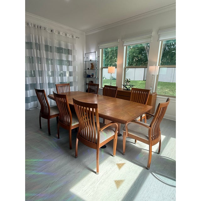 Teak Dining Room Set With 8 Solid Teak Chairs, Buffet and Hutch, 2 Leaves For Sale - Image 4 of 12