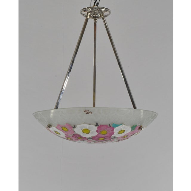 Loys Lucha French Art Deco Pendant Light 1930s - Enameled Pink Floral Bowl For Sale - Image 6 of 13