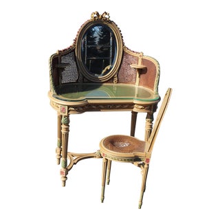 French Painted Floral Carved Cane Mirrored Ladies Vanity & Chair For Sale