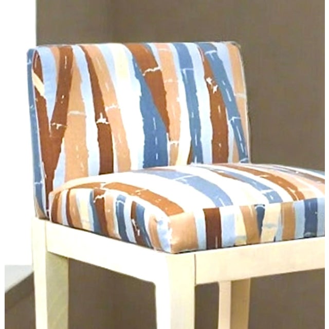 Pair | Large Vintage Wooden Bar Stools With Bamboo Fabric For Sale - Image 4 of 7