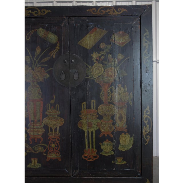 Hand Painted Flower 2 Panel Doors Antique Chinese Cabinet For Sale - Image 4 of 16