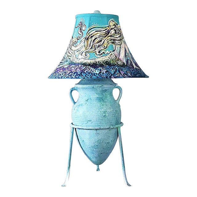 Late 20th Century Coastal Custom-Painted Coastal Ceramic Amphora Table Lamp With Mermaid & Seahorse Shade For Sale