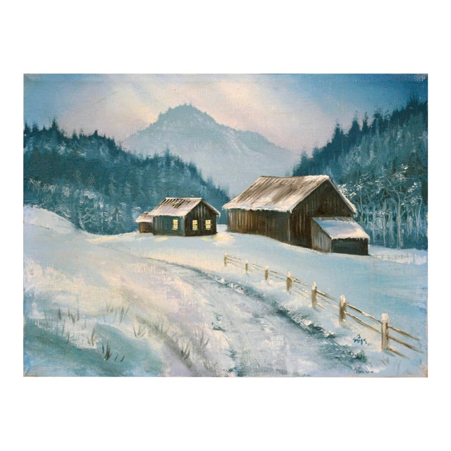 Snowy Farm - Vintage Winter Cabin Landscape For Sale