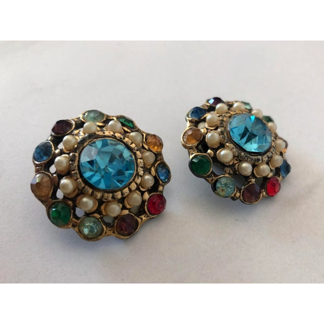 Vintage Mexican Colored Crystal and Petit Point Pearl Cluster Earrings - 2 Pieces For Sale - Image 6 of 8