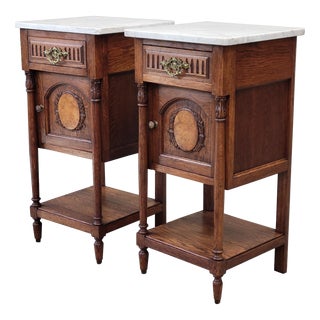 Antique Circa 1900 French Oak Pot Cupboards Nightstands With Carrera Marble Tops- a Pair For Sale